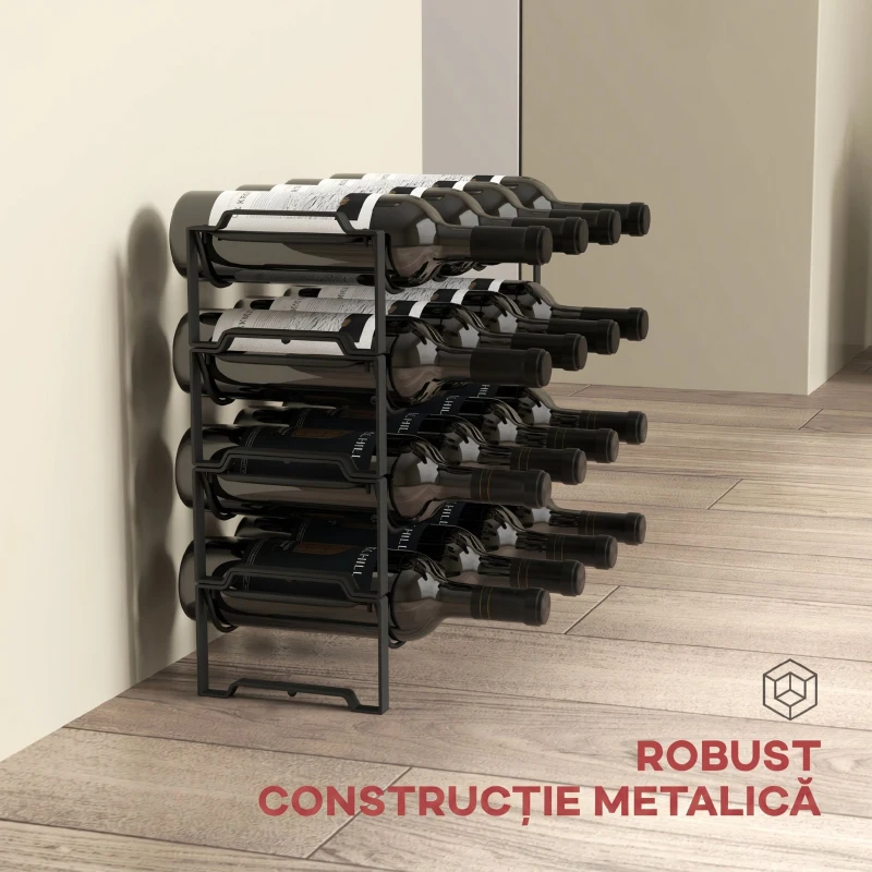 HOMCOM Suport pentru Sticle cu 4 Nivele Ondulate Stivabile pentru 16 Sticle, din Metal, 42,5x16,5x41 cm, Negru