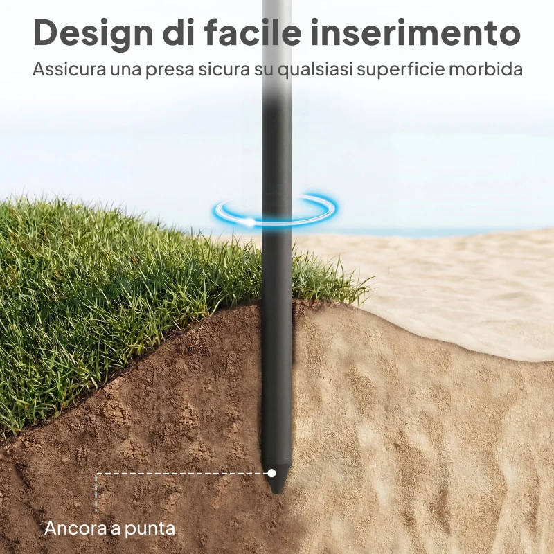 Outsunny Ombrellone da Spiaggia Inclinabile con Ancora per la Sabbia e Borsa da Trasporto, Ø150x185 cm, Grigio Scuro