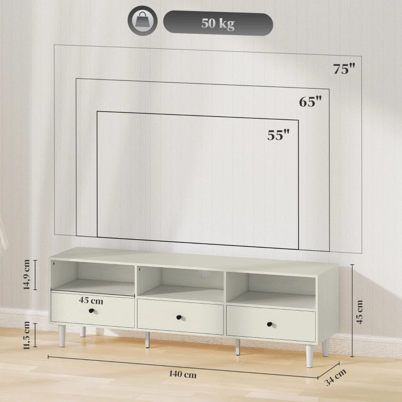 HOMCOM Meuble TV pour jusqu'à 75" avec 3 tiroirs, 3 étagères ouvertes et passe-câbles, 140 x 34 x 45 cm, crème