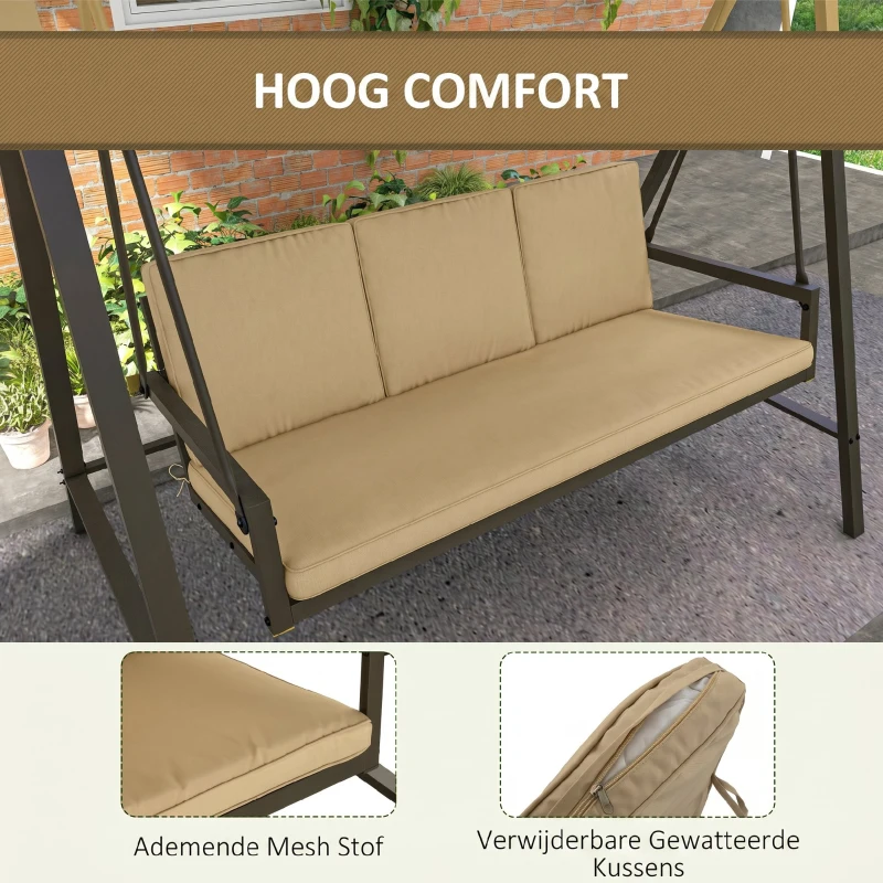 Outsunny Hollywoodschommel Tuinschommel Schommelbank, verstelbaar zonnedak, 200 cm x 125 cm x 175 cm, Beige + Bruin