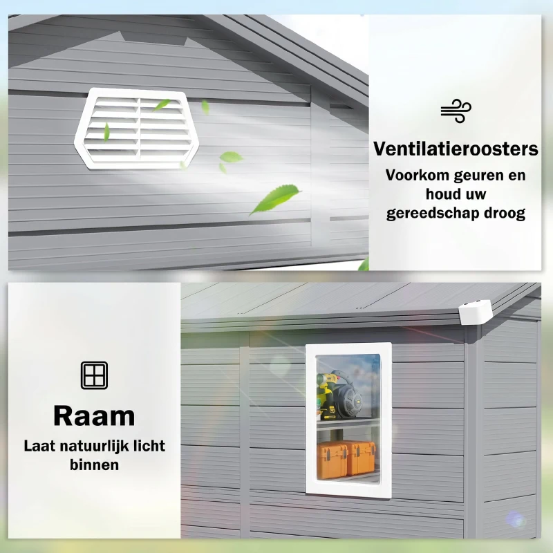Outsunny Tuinhuis, Tuinschuur met Ventilatieraam, Kunststof, Metaal, 240 x 190 x 180/228, Grijs