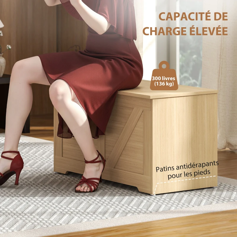 HOMCOM Coffre de rangement, banc de rangement avec couvercle rabattable et charnières de sécurité, 80 x 40 x 45 cm, bois naturel