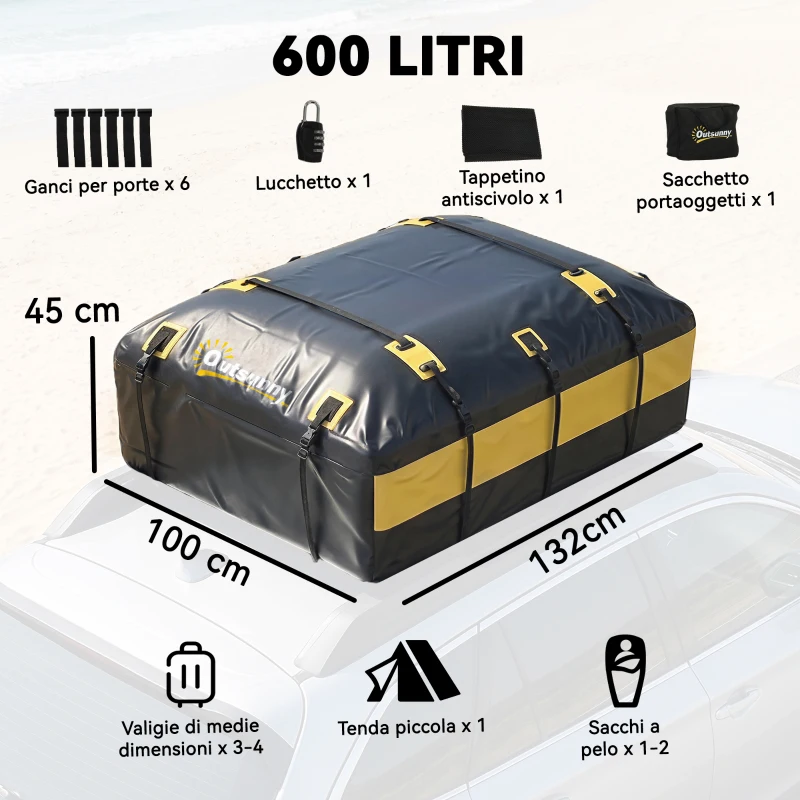 Outsunny Portabagagli da Tetto 595 Litri Impermeabile, Borsa per Auto, Giallo