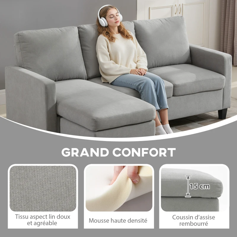 HOMCOM Canapé d'angle canapé 3 places avec méridienne réversible gauche ou droite pour salon, bureau, appartement, tissu polyester 197L x 139l x 91H cm gris clair