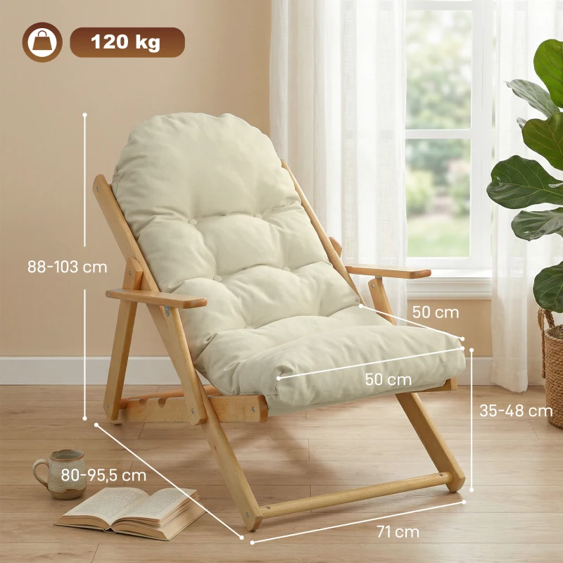 HOMCOM Fauteuil Chaise de Salon Pliable et inclinable en Bois Fauteuil Relax Confortable avec Coussin capitonné épais