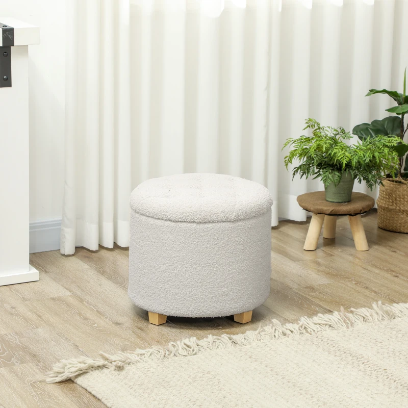 HOMCOM Pouf coffre rangement, tabouret rond, pouf repose-pieds en tissu bouclette, charge 120 Kg, Ø 45 x 41 cm, blanc
