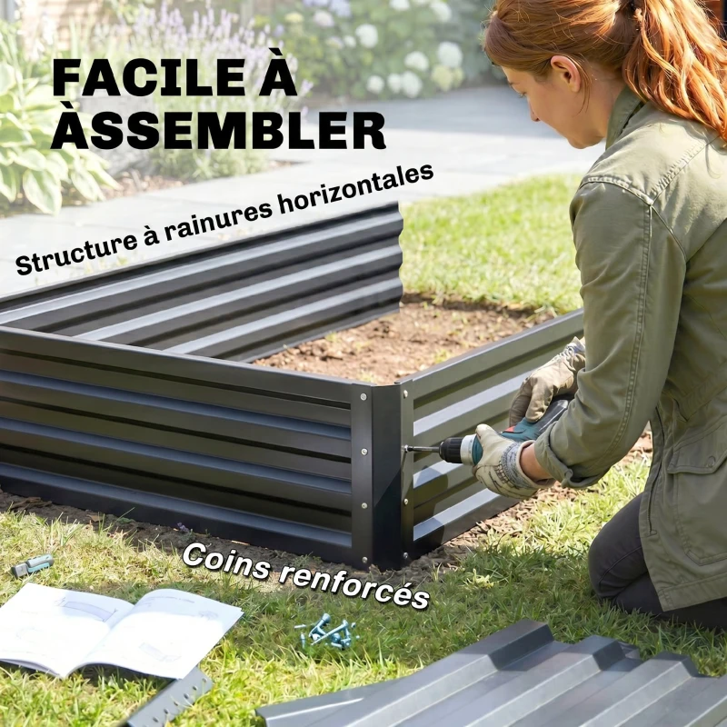 Outsunny Carré potager de jardin fond ouvert 2 étages pour herbes légumes fruits fleurs 120 x 101 x 58 cm gris foncé