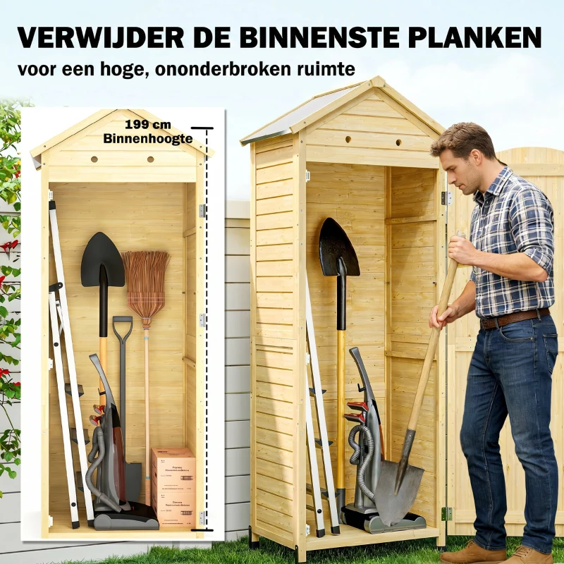 Outsunny Houten tuinkast extra hoge gereedschapsschuur met verstelbare plank magnetische deur gegalvaniseerd dak ventilatie