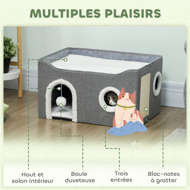 PawHut Lits d'Intérieur Pliables pour Chat, avec Griffoir, Lit Surélevé, 3 Entrées, Jouet Suspendu, 60 x 40 x 34 cm, Gris