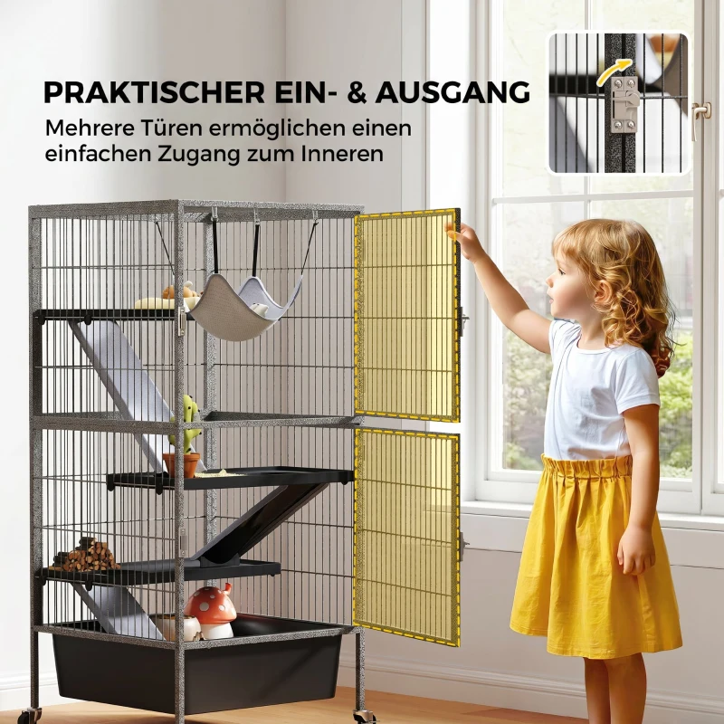 PawHut Kleintierkäfig 4-stöckiger Nagerkäfig mit herausnehmbarem Tablett Rampen Hängematte Rollen Plattformen 52x52x115 cm Grau