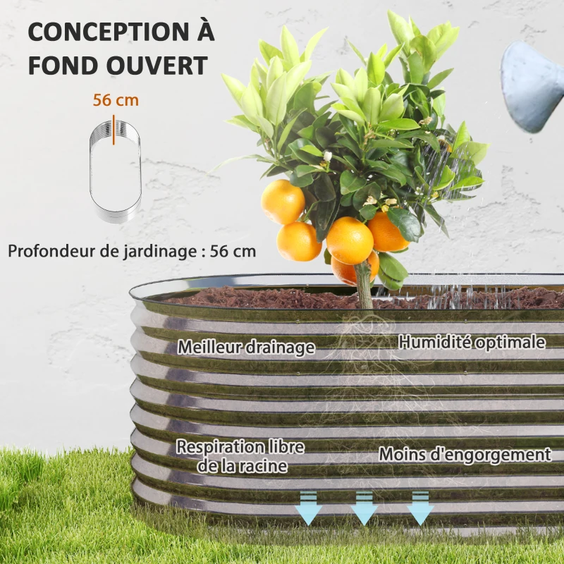 Outsunny Carré potager de jardin potager surélevé, résistant à la rouille en acier galvanisé 160 x 80 x 56 cm argent