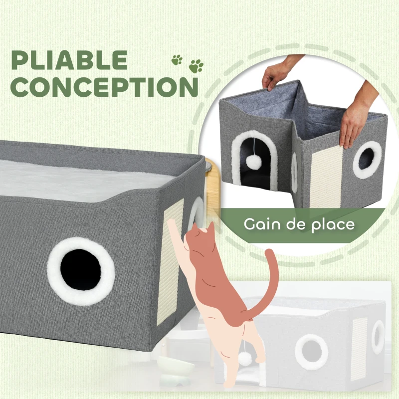 PawHut Lits d'Intérieur Pliables pour Chat, avec Griffoir, Lit Surélevé, 3 Entrées, Jouet Suspendu, 60 x 40 x 34 cm, Gris