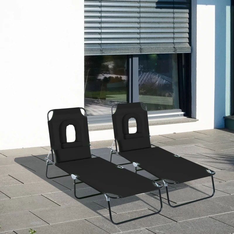 Outsunny Lot de 2 Bains de Soleil Pliable transat inclinable 4 Positions Chaise Longue de Lecture 3 Coussins fournis Noir