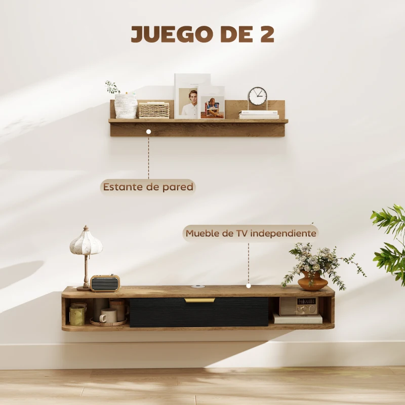 HOMCOM Conjunto de Muebles de Salón Muebles de TV con Estante de Pared Compartimentos Orificios para Cables 120x24x16 cm Roble