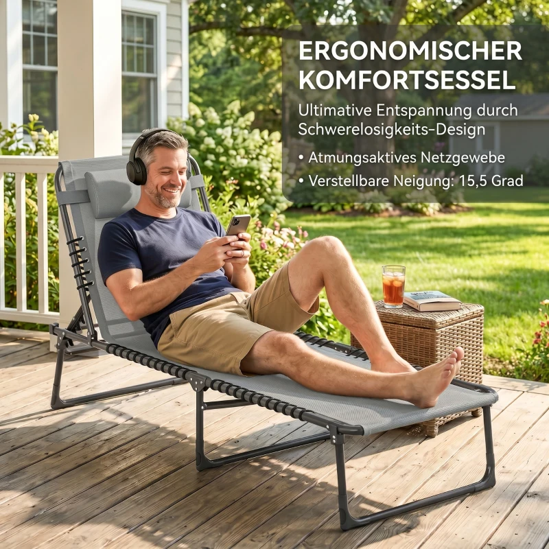 Outsunny Sonnenliege, klappbar, atmungsaktiver Bezug, Metallrahmen, 189 x 58 x 30 cm, Hellgrau