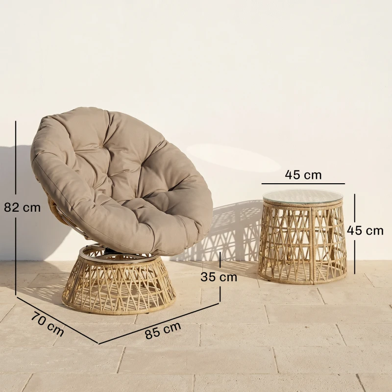 Outsunny Ensemble salon de jardin 3 pièces avec 2 fauteuils papasan pivotant et 1 tables basse ronde polyester résine tressée