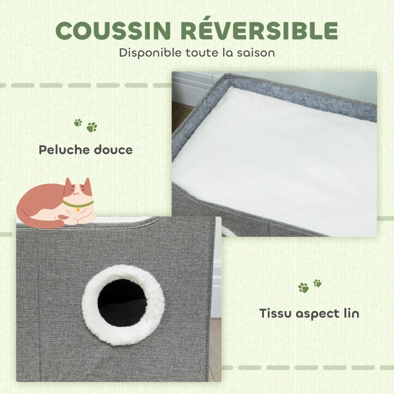 PawHut Lits d'Intérieur Pliables pour Chat, avec Griffoir, Lit Surélevé, 3 Entrées, Jouet Suspendu, 60 x 40 x 34 cm, Gris