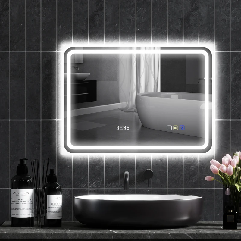 HOMCOM Miroir salle de bain Bluetooth avec éclairage LED 50 x 70 cm, miroir lumineux mural avec horloge, antibuée, argenté