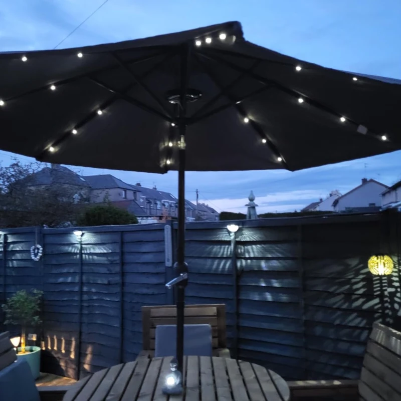 Outsunny 2.7m Patio Garden Umbrella Outdoor Parasol with Tilt Crank and 24 LEDs Lights (Grey)
