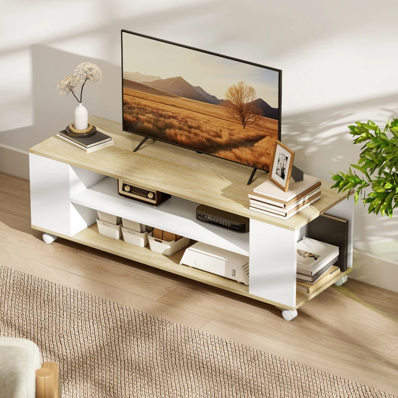 HOMCOM Meuble TV avec roulettes 120 cm, meuble télé pour téléviseur jusqu'à 55 pouces, 2 étagères ouvertes, blanc et naturel
