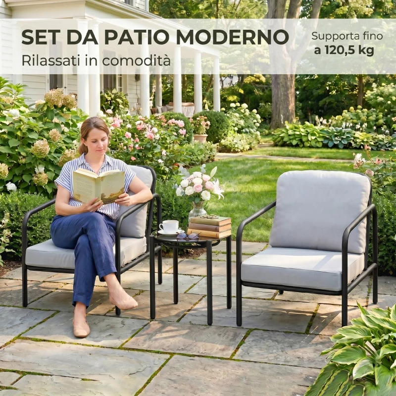 Outsunny Set da Giardino 3 Pezzi in Acciaio con 2 Sedie con Cuscini e Tavolino in Vetro Temperato, Nero