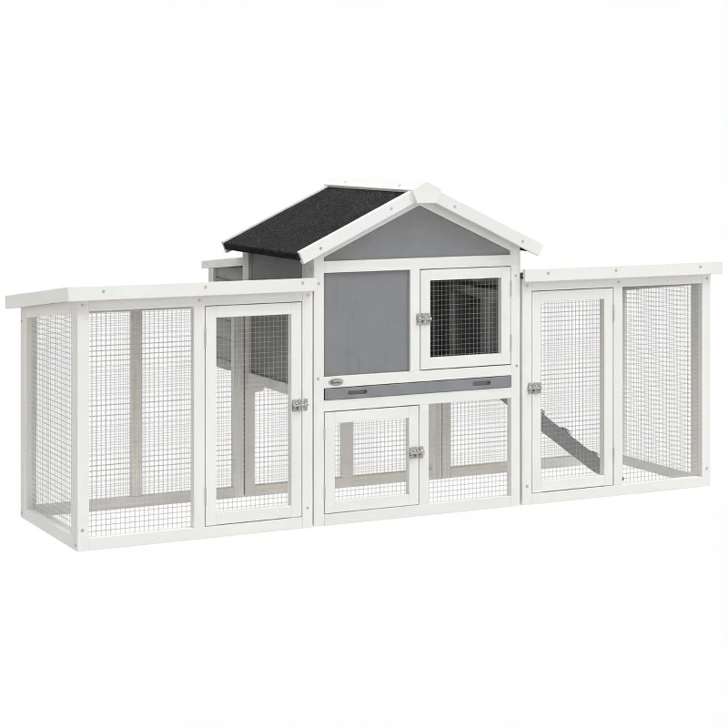 PawHut Poulailler clapier modèle chalet multi-équipé : rampes, nichoirs, plateau, en bois massif 204 x 85 x 93 cm gris