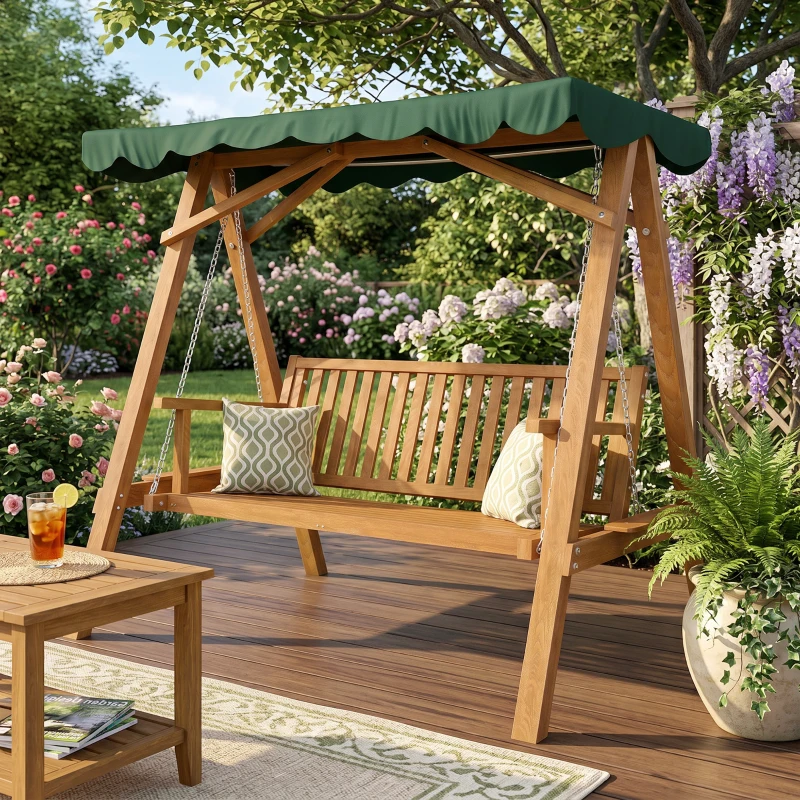 Outsunny Balancelle de Jardin 3 Places Toit imperméabilisé 2 tablettes Support 1,95L x 1,33l x 1,86H m Charge Max. 360 Kg Bois de pin Vert