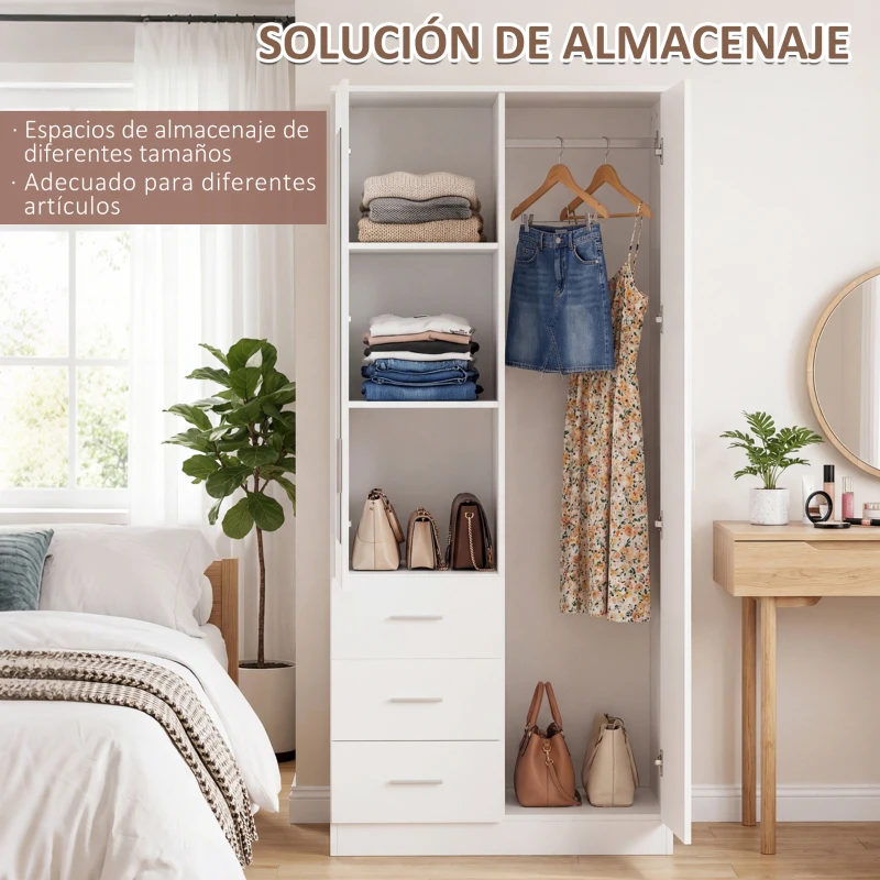 HOMCOM Armario Ropero de 2 Puertas con Espejo 3 Cajones Estantes Ajustables y Barra para Colgar Incluida 80x50x180 cm Blanco