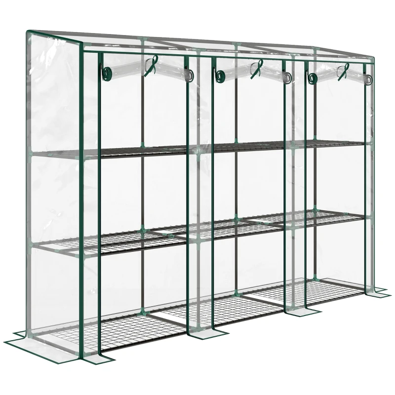 Outsunny Serre de jardin avec étagères à 3 niveaux serre de balcon 3 portes enroulables zippées 215 x 46 x 151 cm transparent