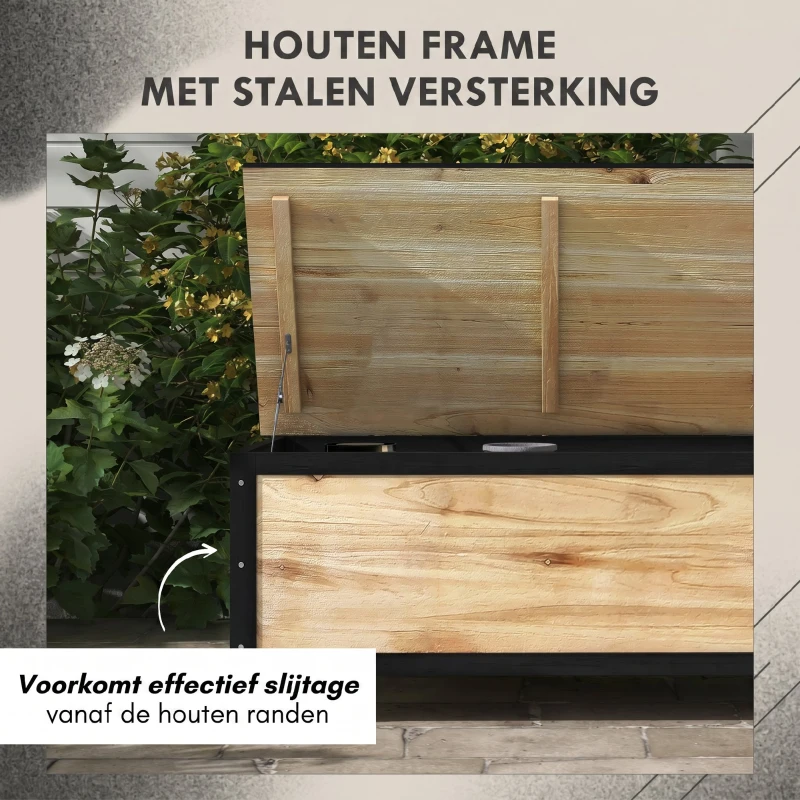 Outsunny Tuinopbergbox, 121 liter, 2 wielen, weerbestendig, metalen frame, natuurlijk hout, 100x50x43 cm