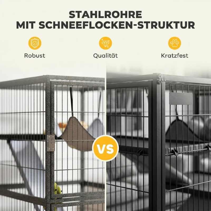 PawHut Kleintierkäfig 4-stöckiger Nagerkäfig mit herausnehmbarem Tablett Rampen Hängematte Rollen Plattformen 52x52x115 cm Grau