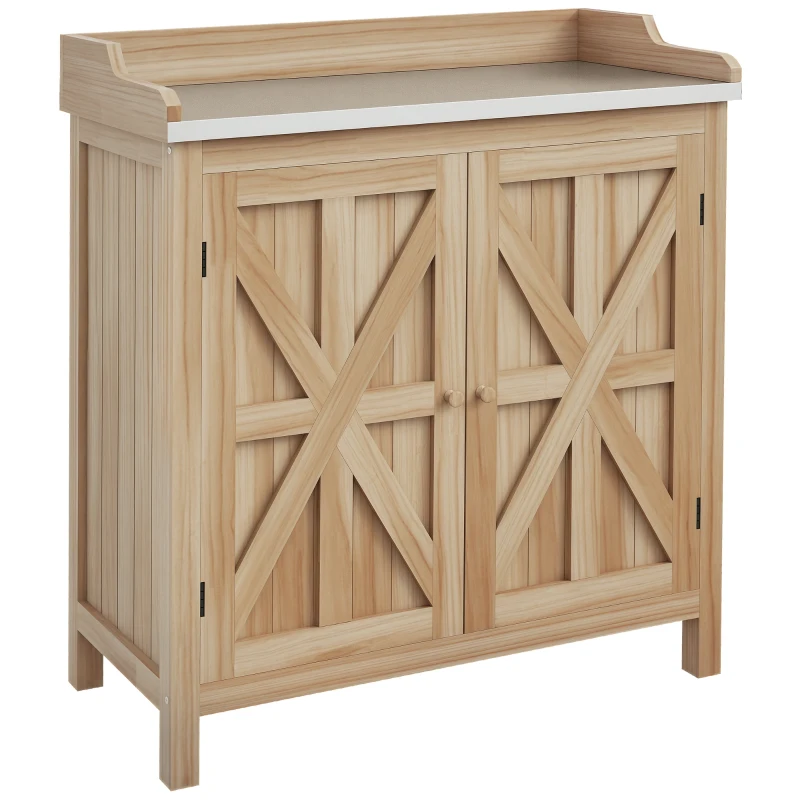 Outsunny Table de rempotage armoire de rangement avec 2 étagères, plateau galvanisé patins antidérapants en bois sapin