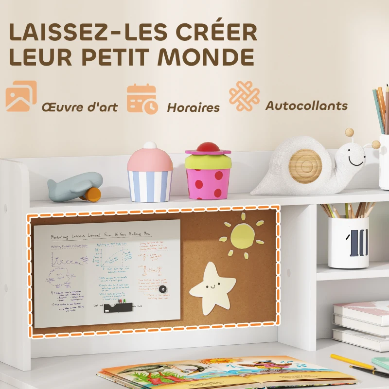AIYAPLAY Bureau enfant avec chaise, table enfant et chaise, tiroir, placard, compartiments ouverts, tableau en liège, blanc