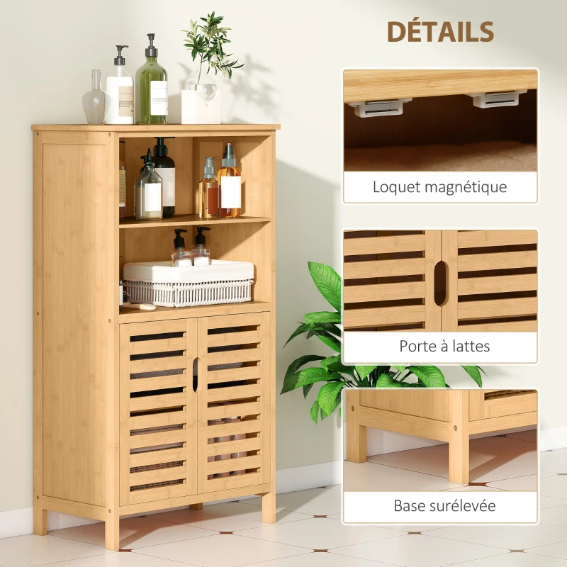 kleankin Meuble de rangement salle de bain en bambou avec 2 portes ajourées et 2 compartiments 50 x 29 x 92 cm naturel