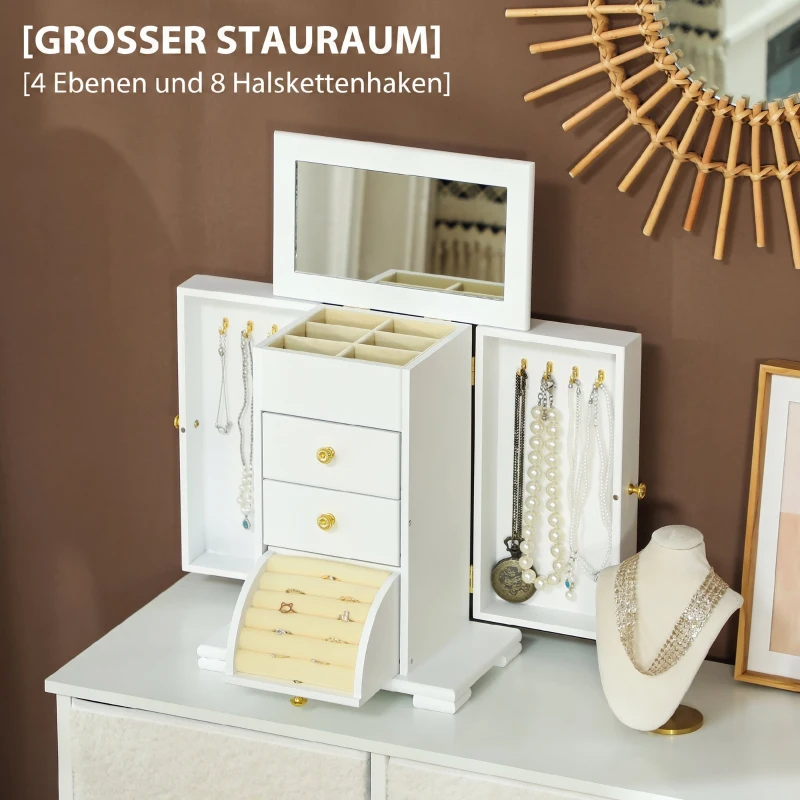 HOMCOM Boîte à Bijoux Femme à 4 Niveaux, Coffre à Bijoux en Bois avec Ailes, Miroir et 2 Tiroirs, 26,5x16 x33,5 cm, Blanc