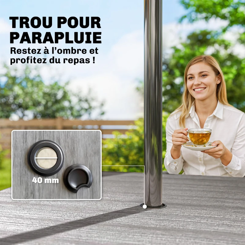 Outsunny Table de jardin rectangulaire pour 4 personnes, table à manger extérieure avec trou de parasol, 85 x 85 x 72,5 cm, gris