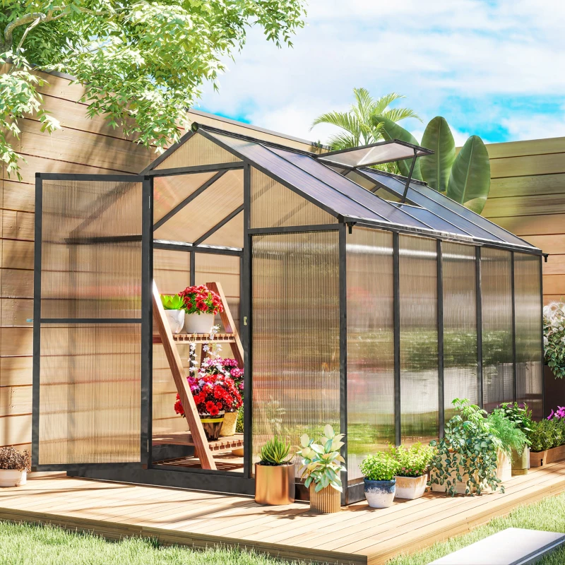 Outsunny Serre de jardin en aluminium polycarbonate, serre avec fenêtres supérieures réglables 303x183x195cm transparent