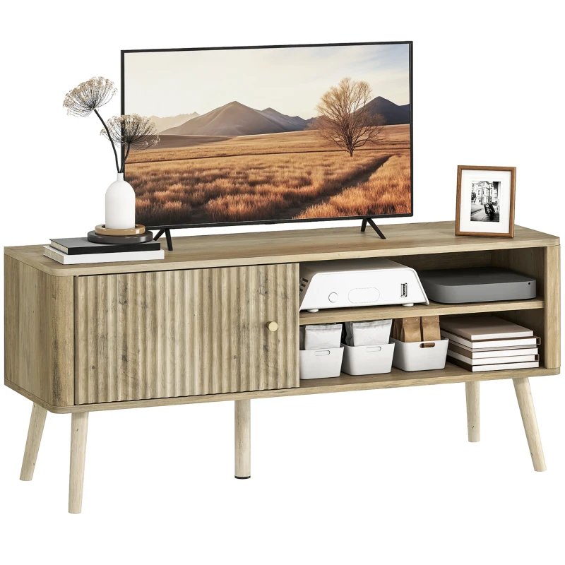 HOMCOM Mesa de TV con Puerta Estante Ajustable Compartimentos Abiertos y Orificio para Televisión hasta 55 Pulgadas Roble