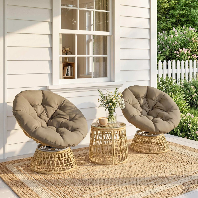 Outsunny Ensemble salon de jardin 3 pièces avec 2 fauteuils papasan pivotant et 1 tables basse ronde polyester résine tressée