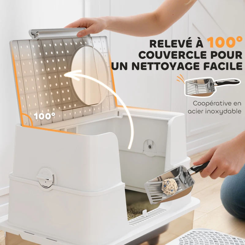 PawHut Bac à Litière XL en Acier Inoxydable pour Grand Chat, Couvercle Pivotant 100°, Pelle, 60,2x40,2x44,5cm, Gris Clair
