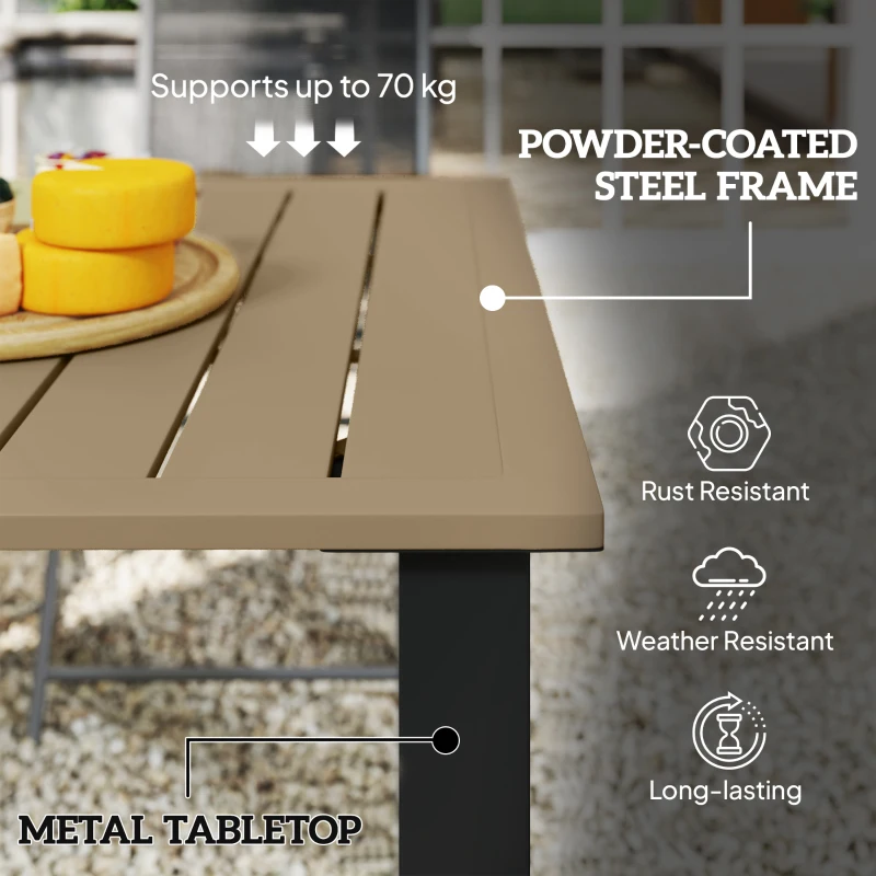 Outsunny Garden Dining Table for 6 with Parasol Hole, Rectangle Outdoor Garden Table with Slatted Metal Top, Steel Frame, Brown