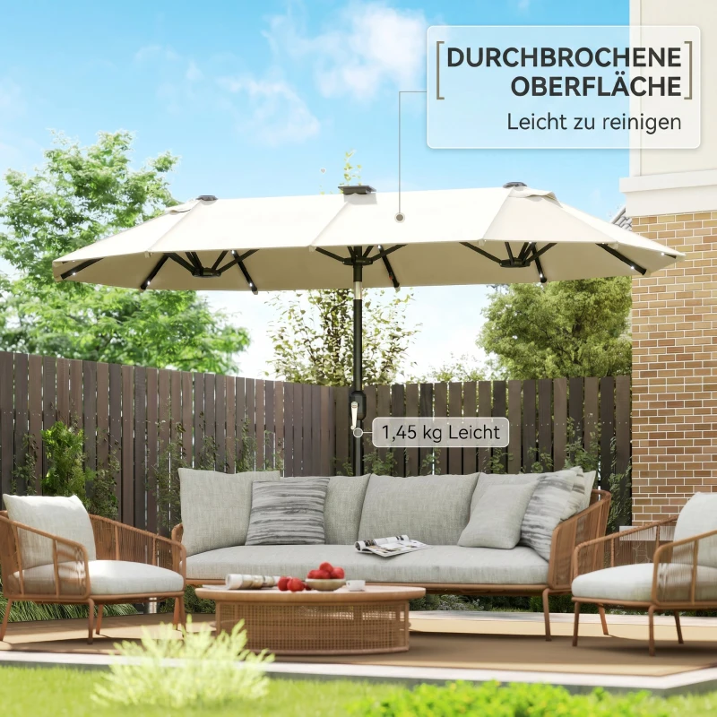 Outsunny dubbele zonwering, terrasscherm, kantelbaar, met zonnepaneel, 35 LED's, stalen frame, beige, 2,95 x 1,50 x 2,19 m