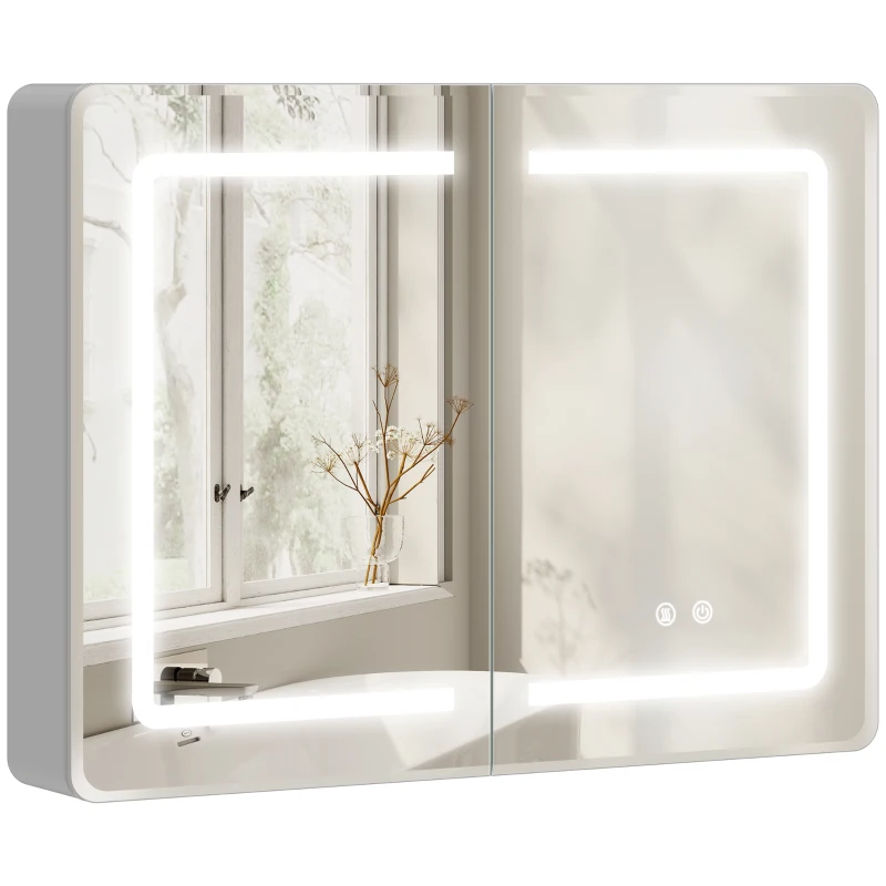 HOMCOM Spiegelschrank für das Badezimmer mit LED-Beleuchtung, 60 x 80 cm Badschrank mit Anti-Beschlag, 3-fach dimmbare