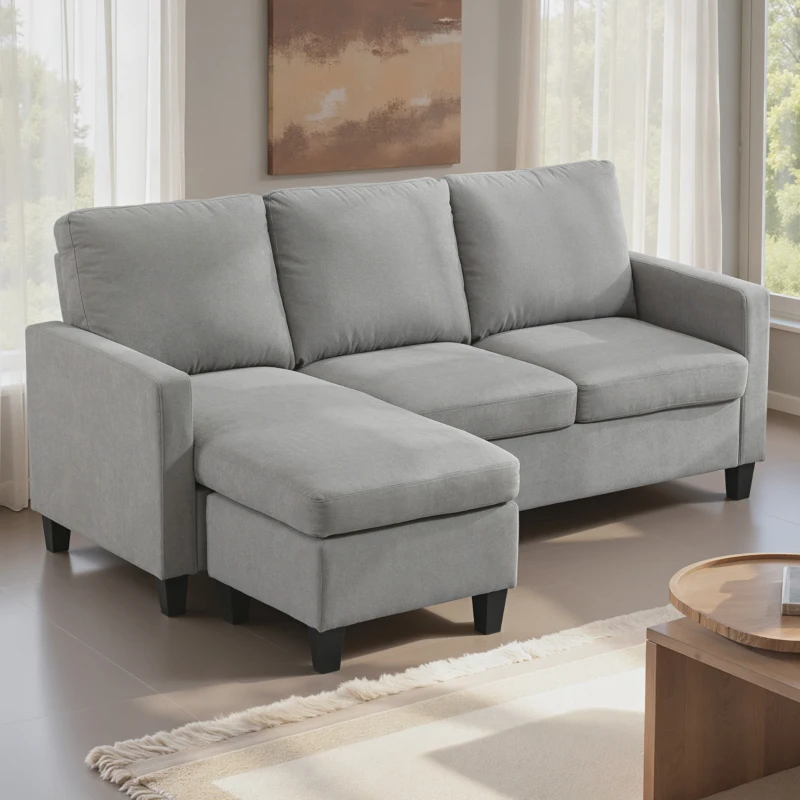 HOMCOM Canapé d'angle canapé 3 places avec méridienne réversible gauche ou droite pour salon, bureau, appartement, tissu polyester 197L x 139l x 91H cm gris clair