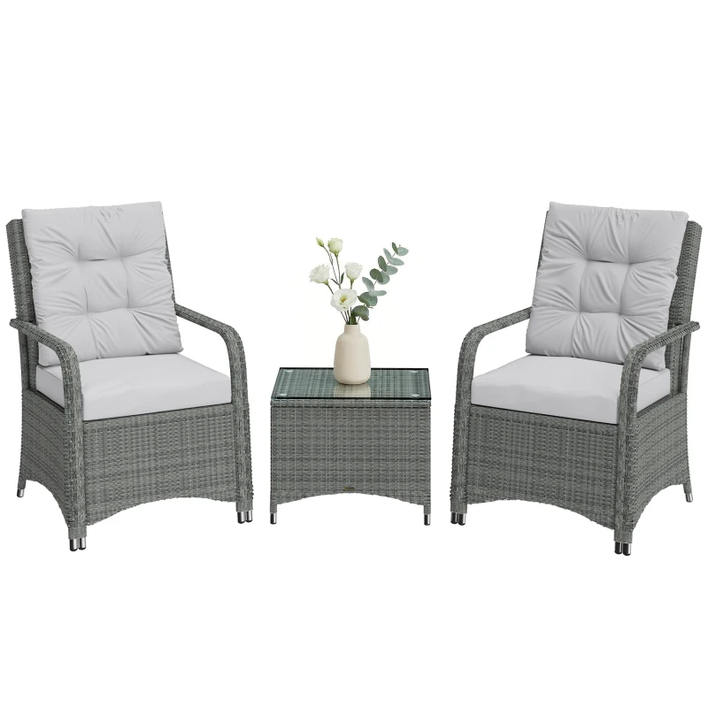 Outsunny 3 Pieces Rattan Bistro Set, Wicker Garden Furniture Set with Metal Frame, Cover, Glass Top Coffee Table, Light Grey