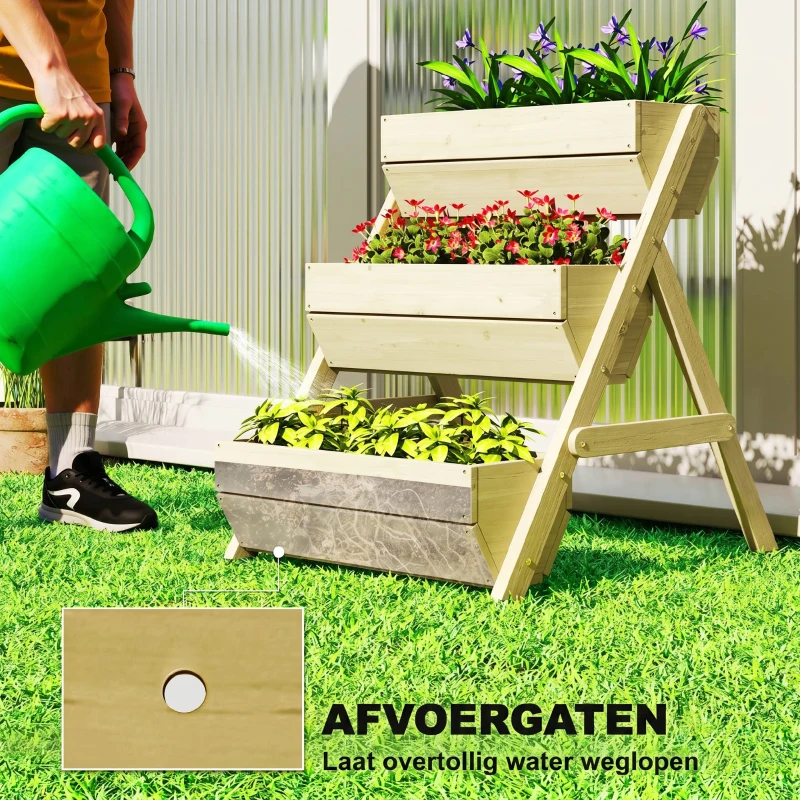 Outsunny Verticaal hoogbed met 3 lagen, houten plantenbak met 3 plantenbakken en afvoergaatjes, Groen