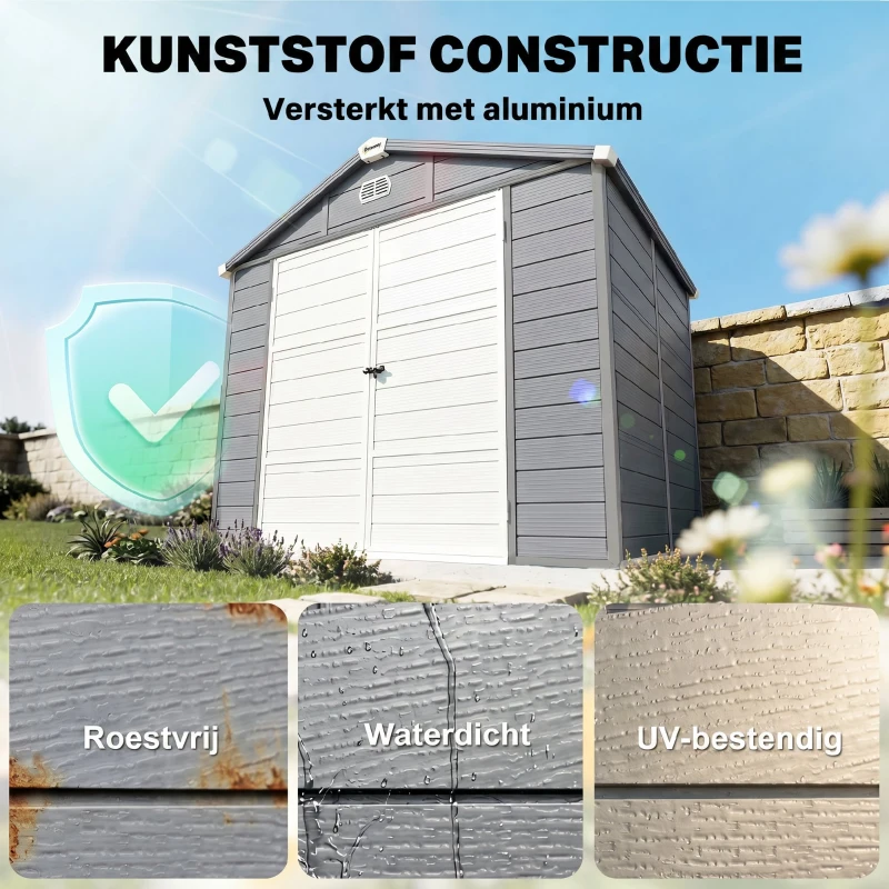 Outsunny Tuinhuis, Tuinschuur met Ventilatieraam, Kunststof, Metaal, 240 x 190 x 180/228, Grijs