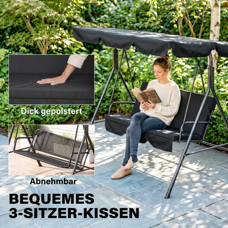 Outsunny 3-Sitzer Hollywoodschaukel Gartenliege Schaukelbank, wetterbeständig, 172 cm x 110 cm x 153 cm, Schwarz