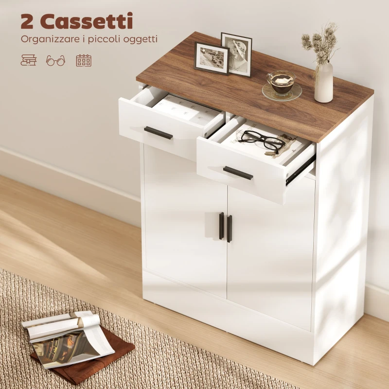 HOMCOM Credenza Moderna 2 Cassetti e Armadietto 2 Ante, Ripiano Interno Regolabile, Bianco e Legno