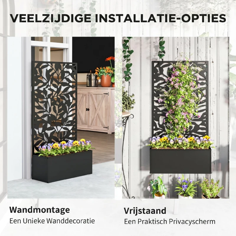 Outsunny hoogbed met privacy-paneel, klimrek, metaal, zwart